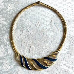 Vintage Women’s Gold Tone Navy Blue Enamel Statement Necklace